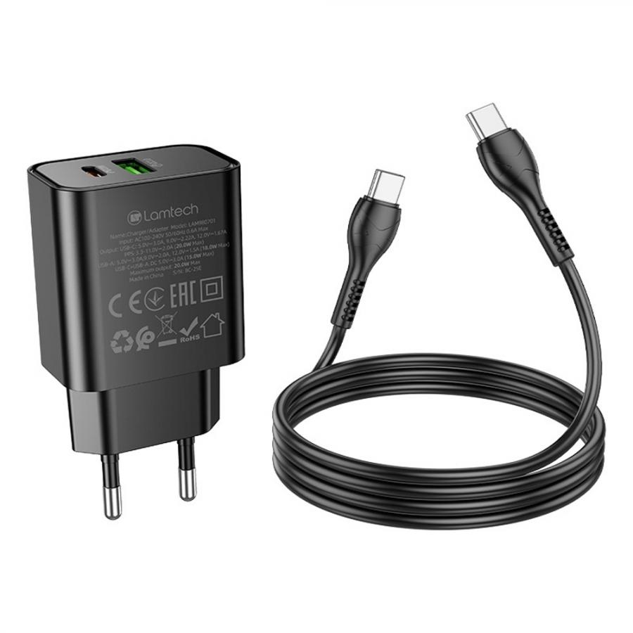 LAMTECH DUAL PORT QC3.0/PD20W CHARGER WITH TYPE-C TO TYPE-C CABLE 60W 1M BLACK