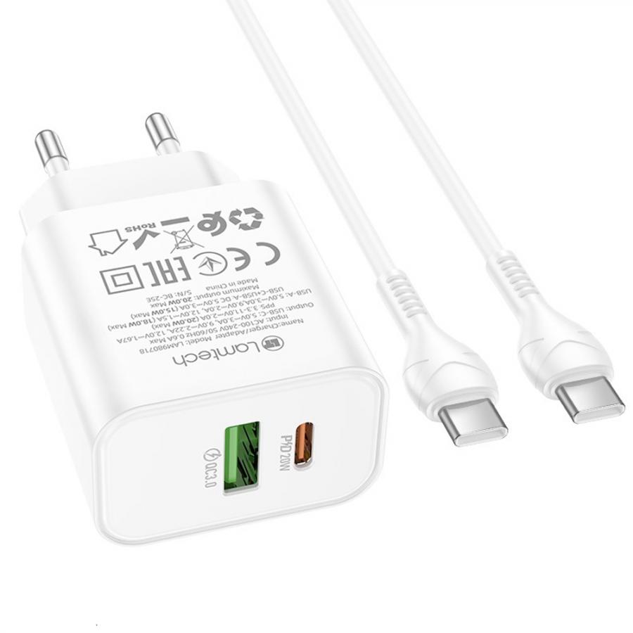 LAMTECH DUAL PORT QC3.0/PD20W CHARGER WITH TYPE-C TO TYPE-C CABLE 60W 1M WHITE