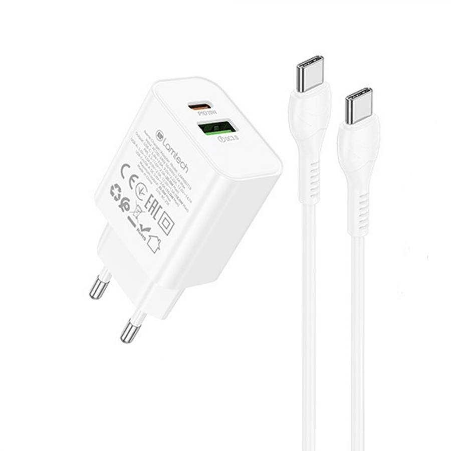 LAMTECH DUAL PORT QC3.0/PD20W CHARGER WITH TYPE-C TO TYPE-C CABLE 60W 1M WHITE