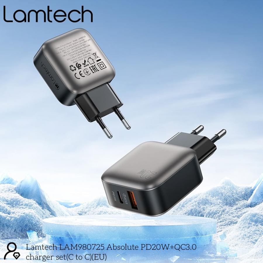 LAMTECH DUAL PORT QC3.0 CHARGER SET PD20W WITH TYPE-C TO TYPE-C CABLE 1M GREY