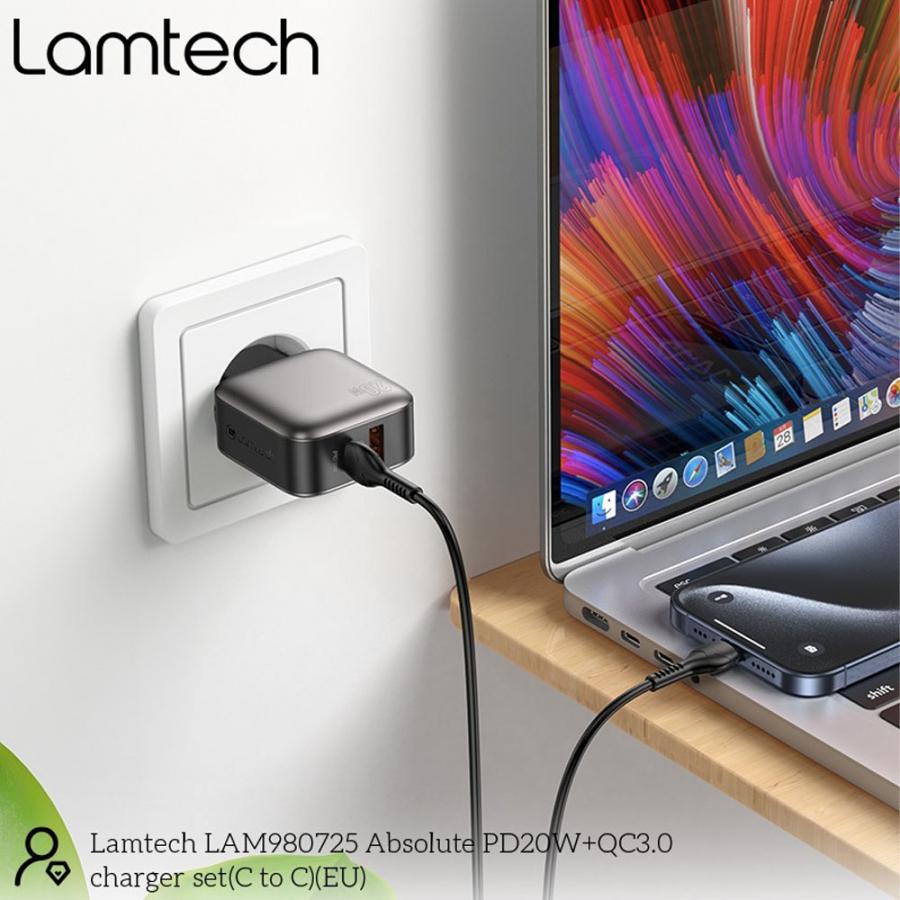 LAMTECH DUAL PORT QC3.0 CHARGER SET PD20W WITH TYPE-C TO TYPE-C CABLE 1M GREY