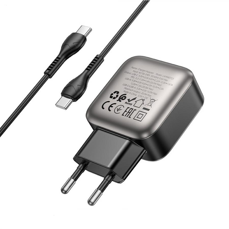 LAMTECH DUAL PORT QC3.0 CHARGER SET PD20W WITH TYPE-C TO TYPE-C CABLE 1M GREY