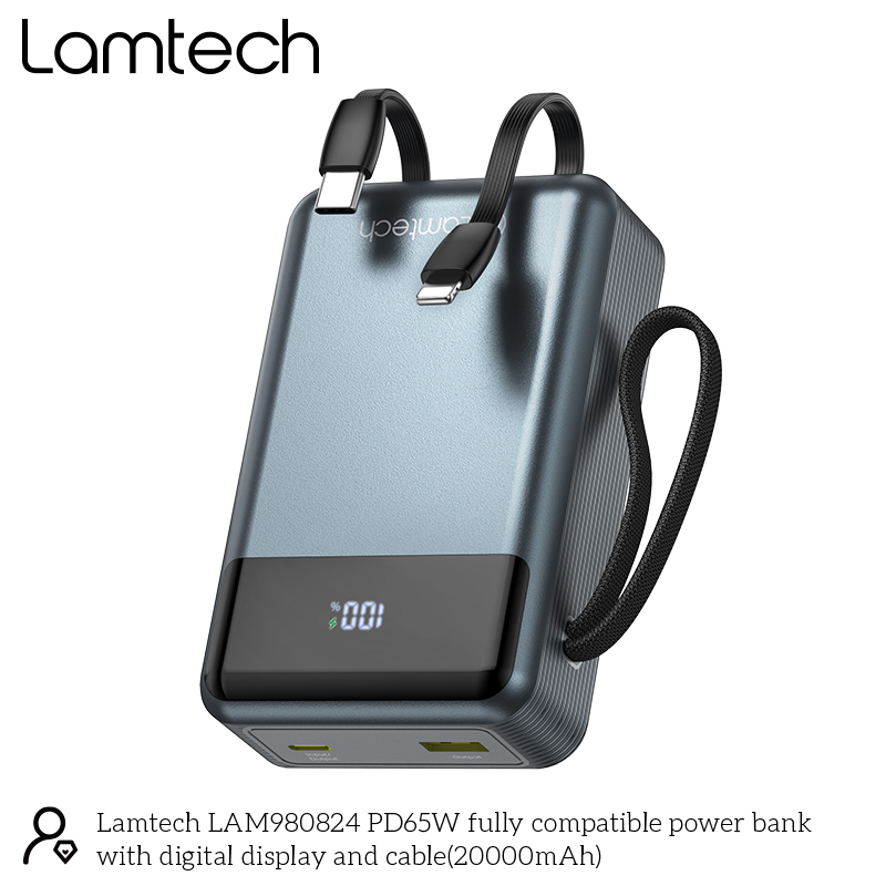 LAMTECH POWERBANK 20000MAH WITH TYPE-C AND LIGHTNING BUILT-IN CABLES QC3.0 PD65W