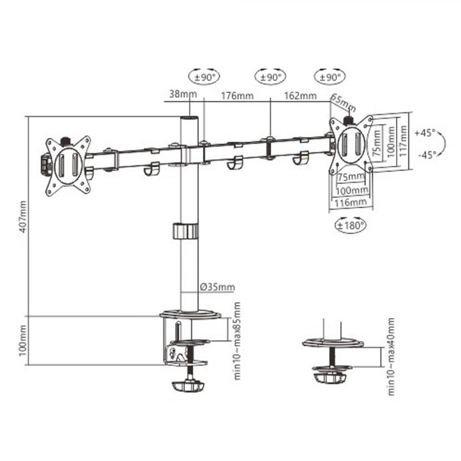 GEMBIRD ADJUSTABLE DESK 2-DISPLAY MOUNTING ARM RTS 17'-32' BLACK