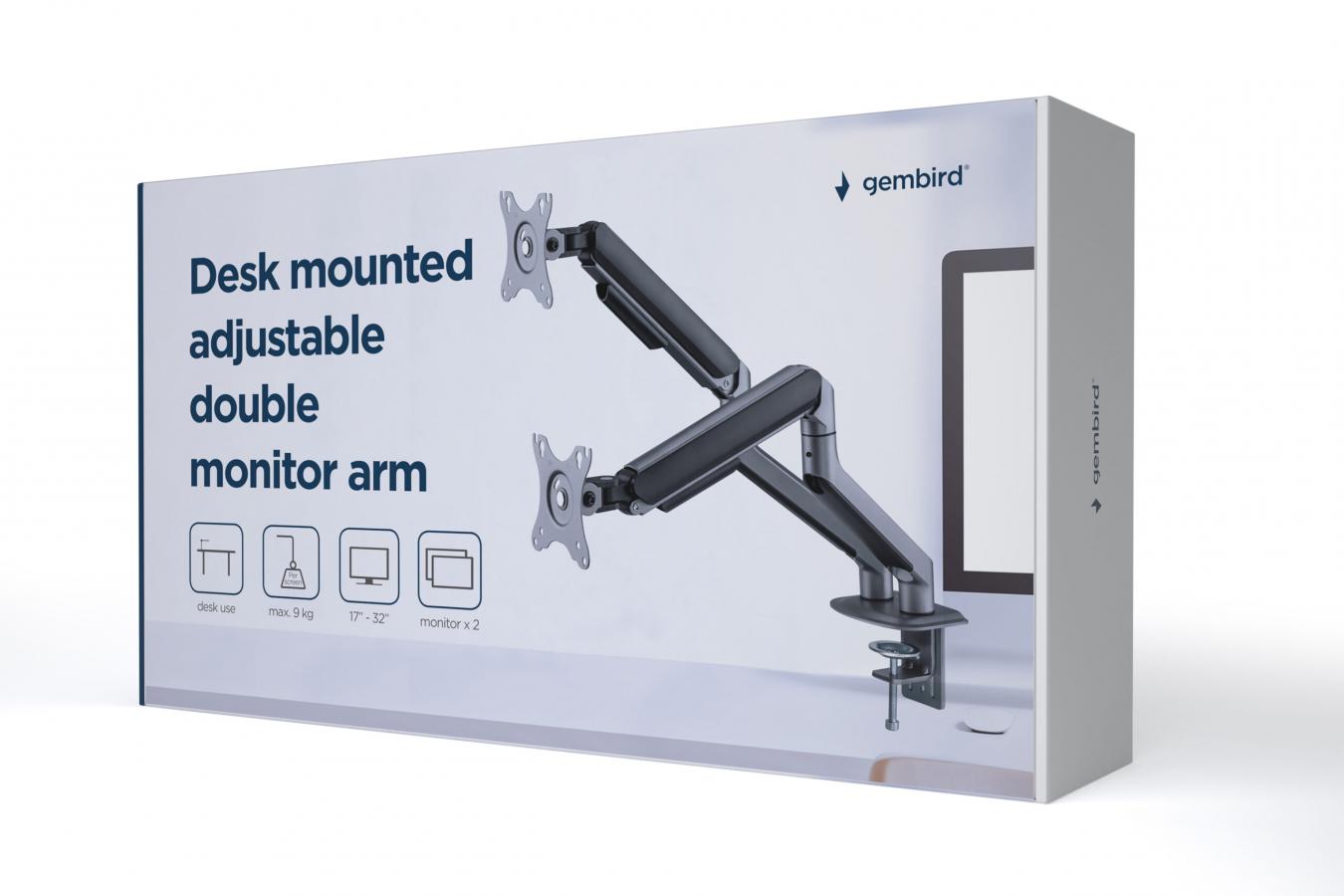 GEMBIRD DESK MOUNTED ADJUSTABLE DOUBLE MONITOR ARM SPACE GREY