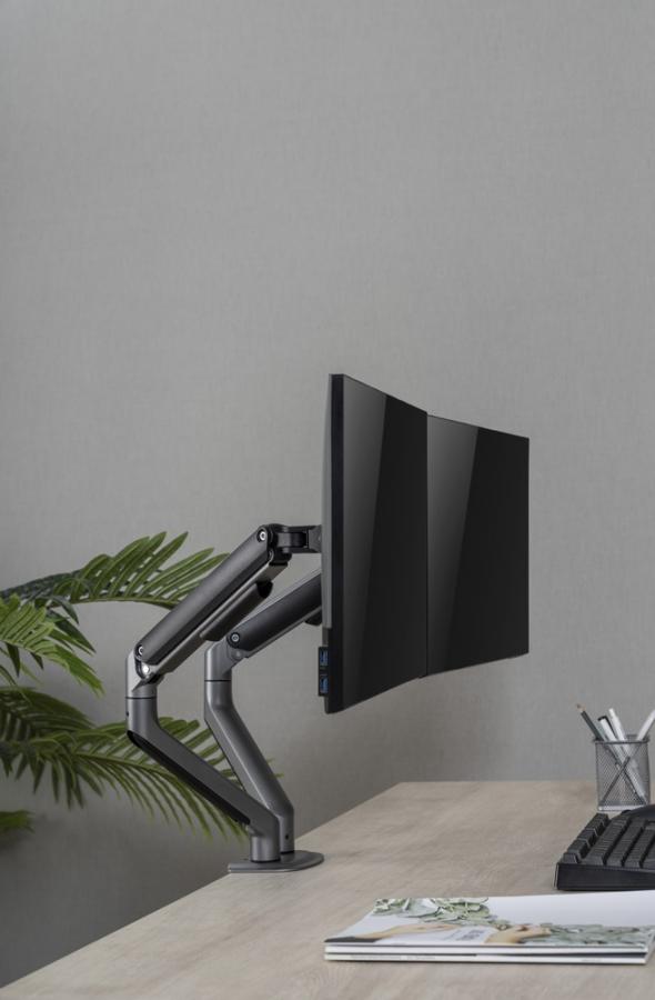 GEMBIRD DESK MOUNTED ADJUSTABLE DOUBLE MONITOR ARM SPACE GREY