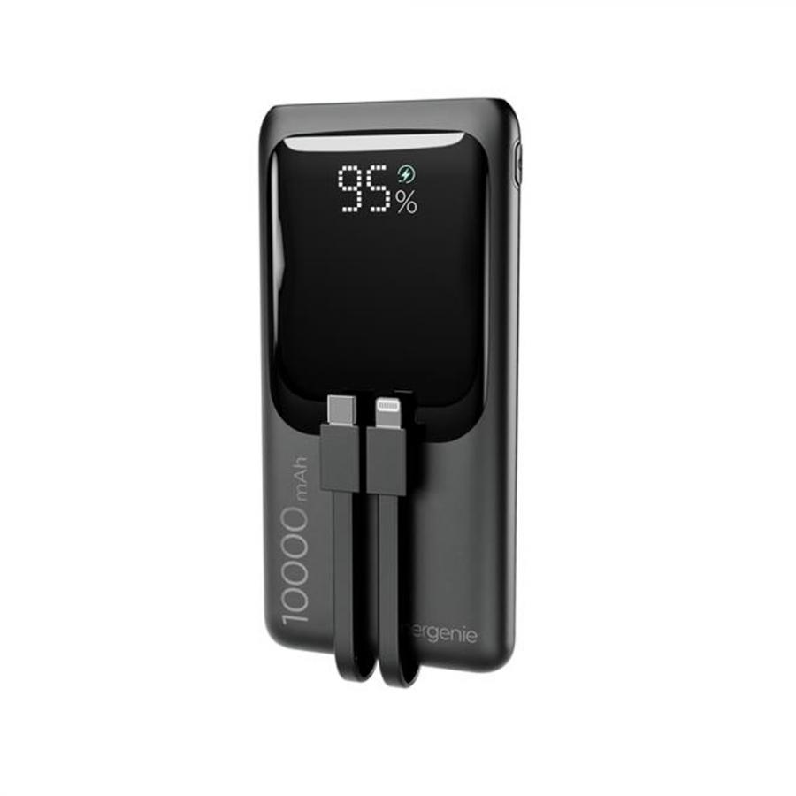 ENERGENIE 20W FAST CHARGING POWER BANK WITH INTEGRATED CABLES 10000 MAH BLACK
