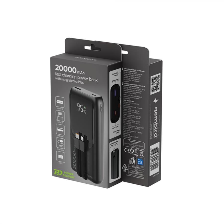 ENERGENIE 20W FAST CHARGING POWER BANK WITH INTEGRATED CABLES 20000 MAH BLACK