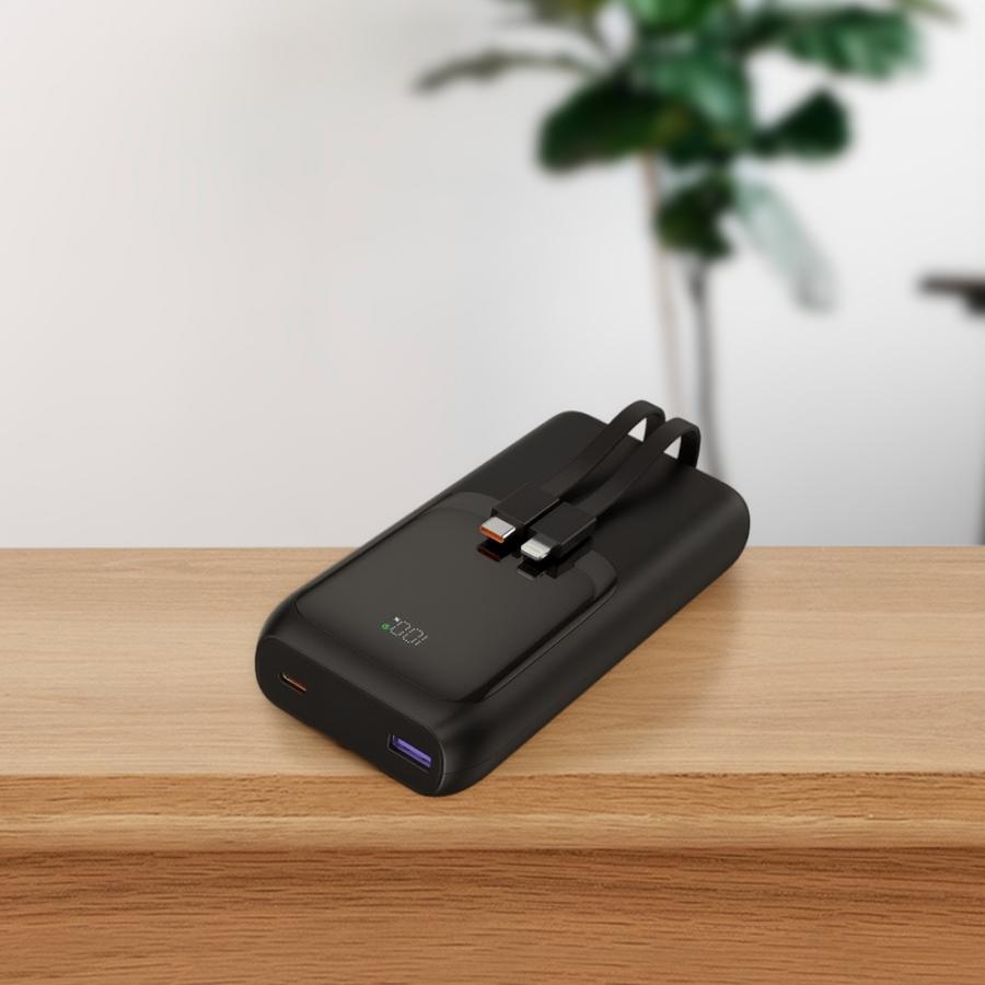 ENERGENIE 20W FAST CHARGING POWER BANK WITH INTEGRATED CABLES 20000 MAH BLACK