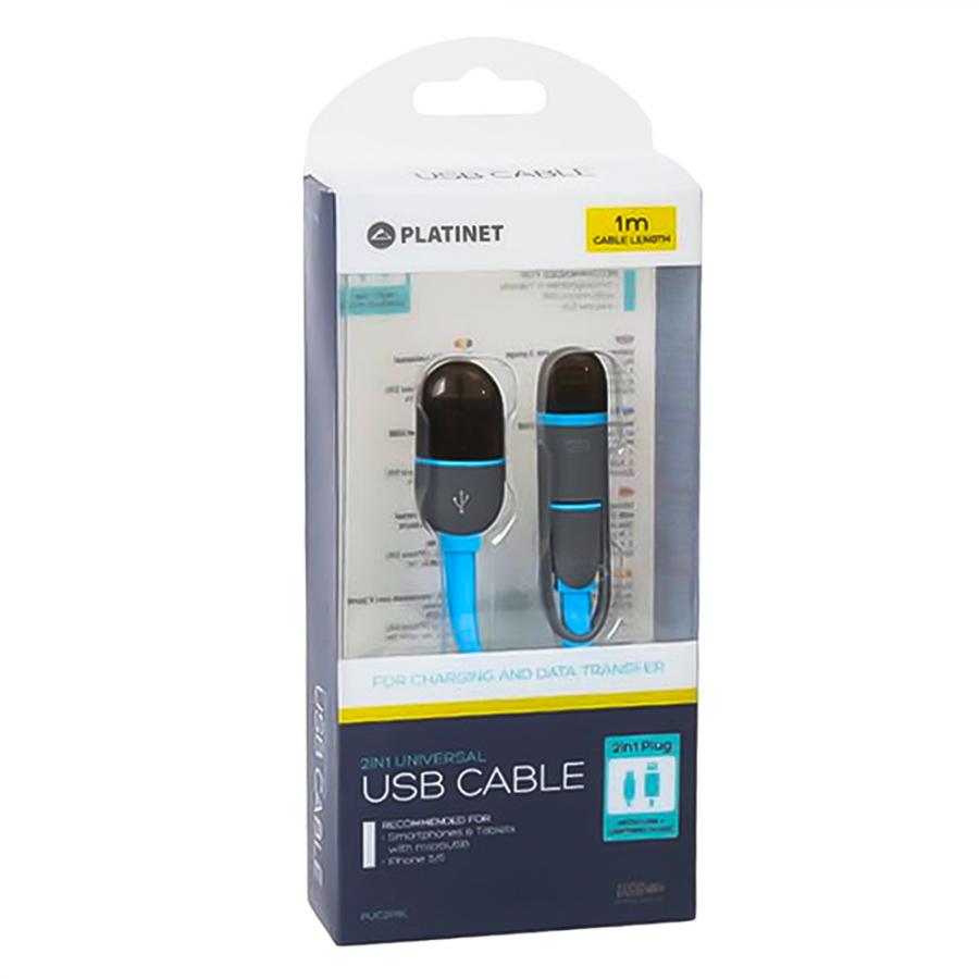 PLATINET USB UNIVERSAL CABLE 2 IN 1 MICRO USB & LIGHTNING PLUGS BLUE RETAIL PACK