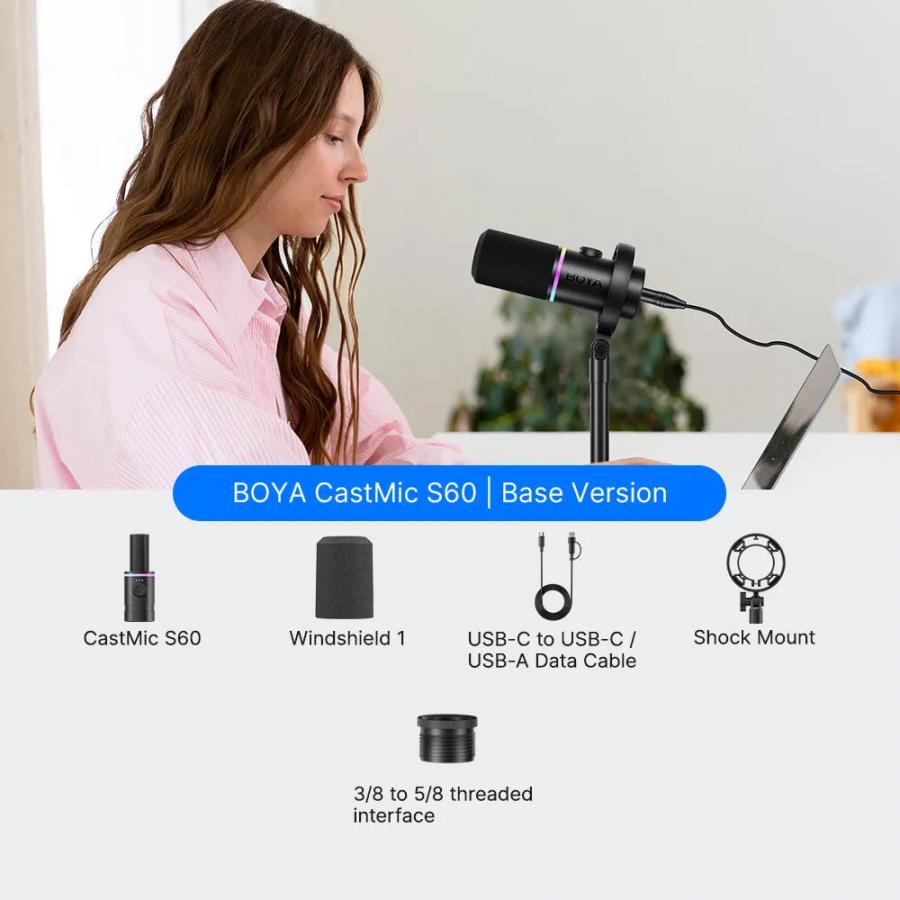 BOYA CastMic S60 - XLR & USB-C Broadcasting Microphone, low noise, mute button
