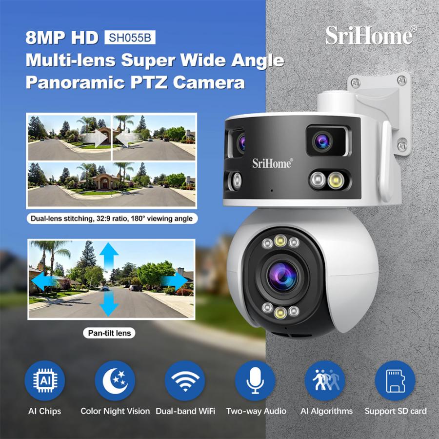 SRIHOME 8MP HD MULTI-LENS SUPER WIDE ANLGE PANORAMIC PTZ OUTDOOR CAMERA