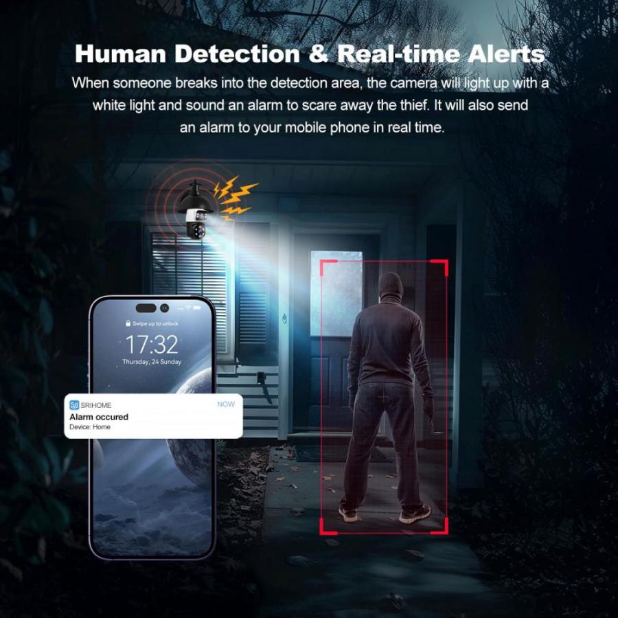 SRIHOME DUAL LENS LIGHT BULB CLOUD WIFI SECURITY CAMERA 2MP WHITE