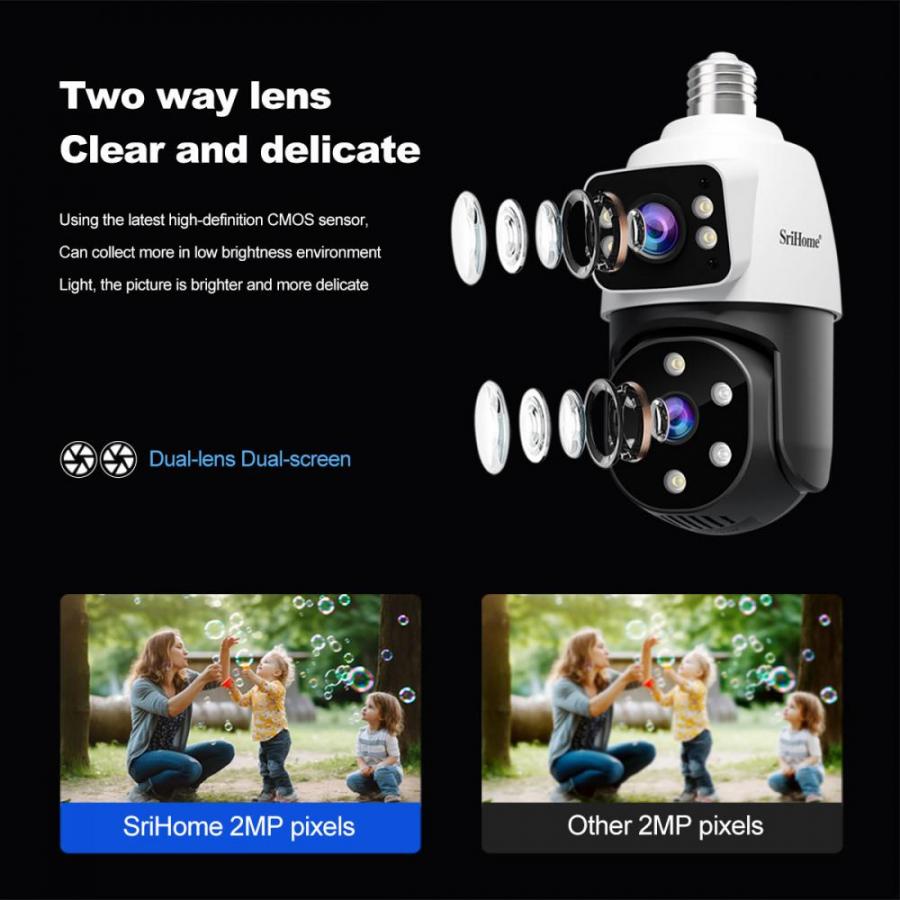 SRIHOME DUAL LENS LIGHT BULB CLOUD WIFI SECURITY CAMERA 2MP WHITE