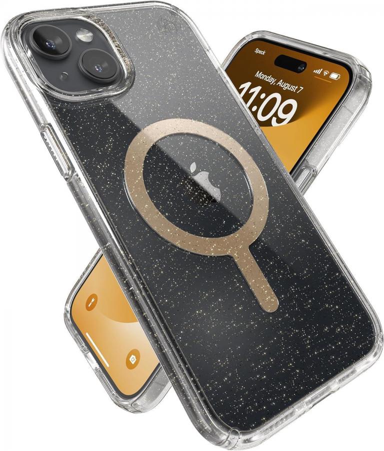 SPECK (150567-3216)  IPHONE 15 PLUS MAGSAFE CASE,PRESIDIO LUX ( CLEAR/GOLD GLITTER)