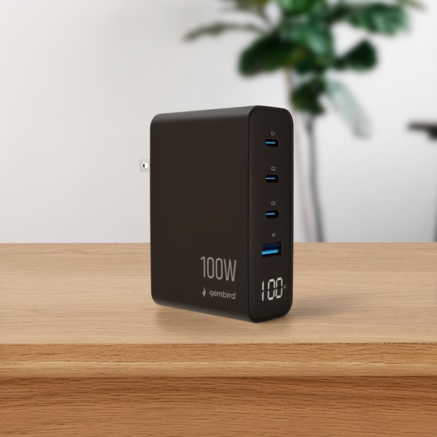 GEMBIRD UNIVERSAL 4-PORT 100W GAN USB FAST CHARGER LCD BLACK
