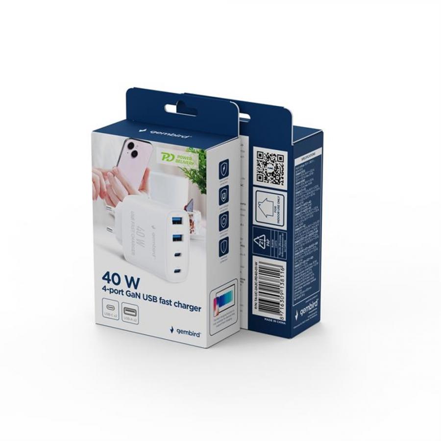 GEMBIRD 4-PORT 40W GAN USB POWER DELIVERY FAST CHARGER WHITE