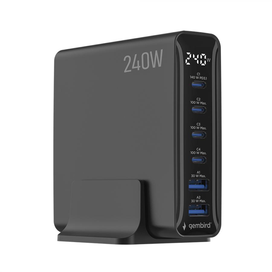GEMBIRD 6-PORT 240W GaN USB FAST C HARGER BLACK