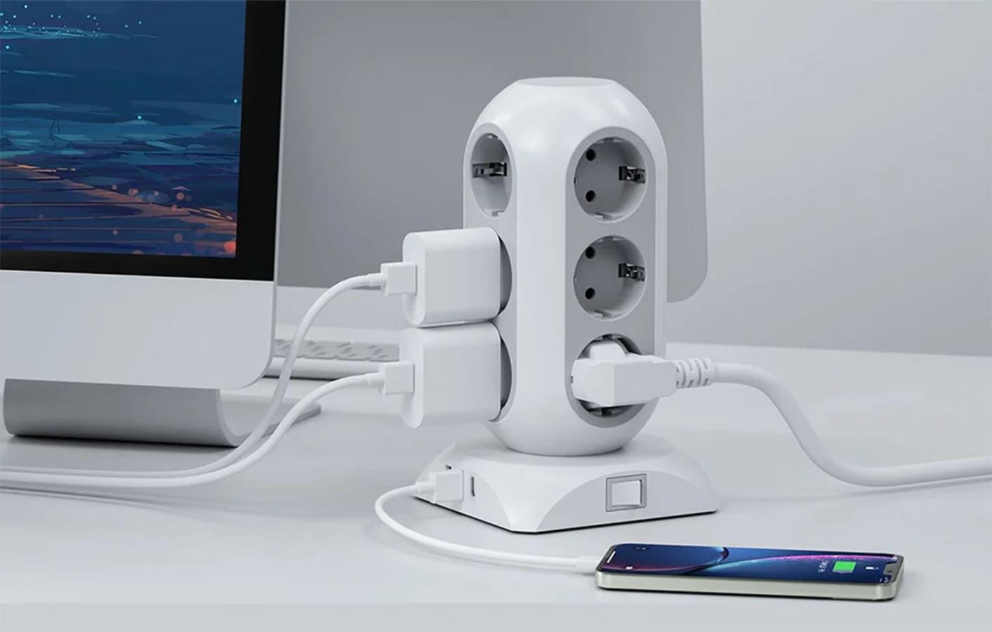 TESSAN 15 IN 1 TOWER SURGE PROTECTOR 25W 12xSCHUKO, 2xUSB, 1xTYPE-C, 2M CABLE WHITE