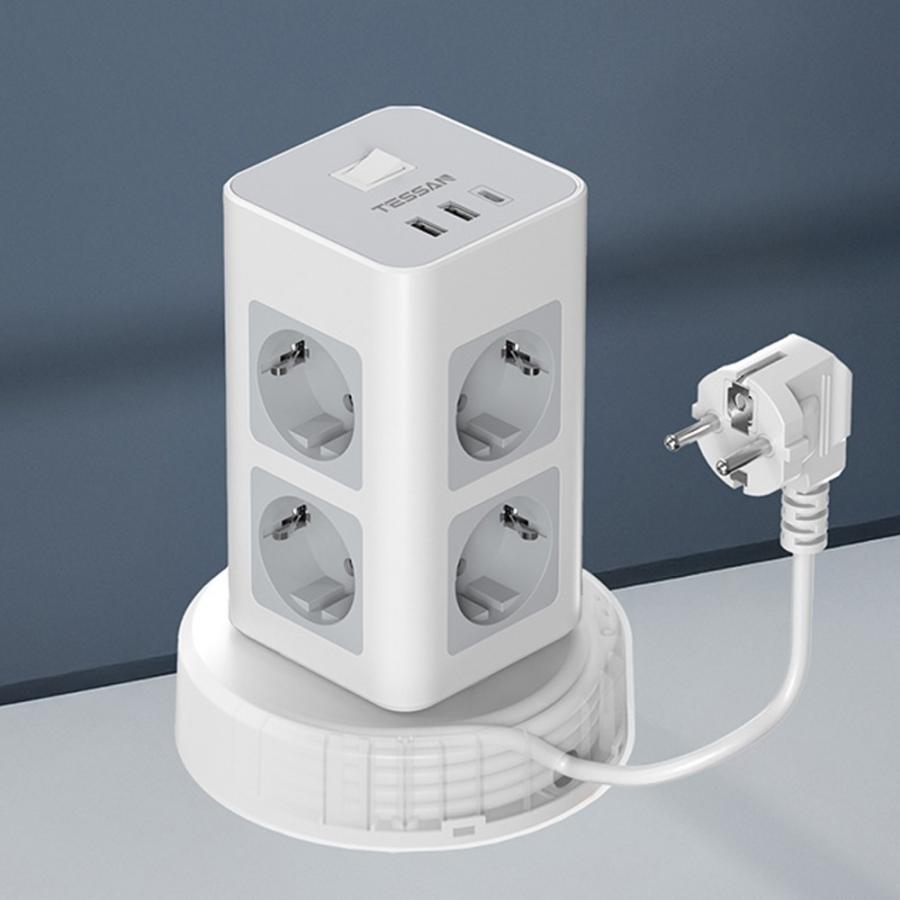 TESSAN 11 IN 1 TOWER SURGE PROTECTOR 8xSCHUKO, 2xUSB, 1xTYPE-C, 2M RETRACTABLE CABLE