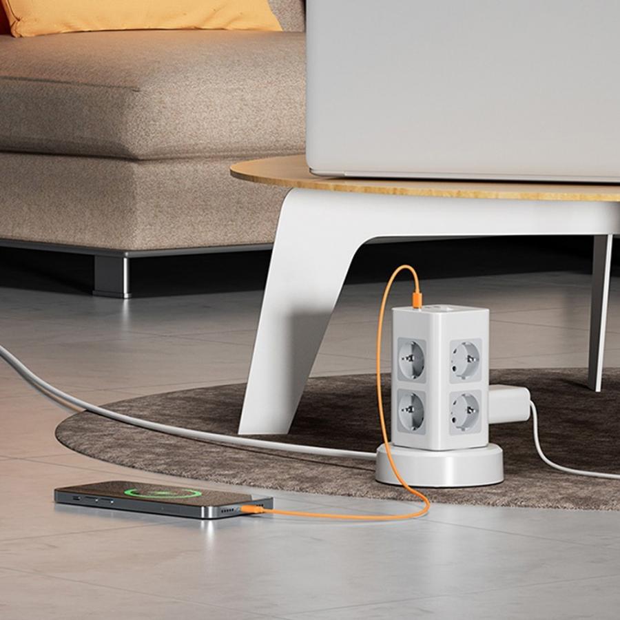 TESSAN 11 IN 1 TOWER SURGE PROTECTOR 8xSCHUKO, 2xUSB, 1xTYPE-C, 2M RETRACTABLE CABLE