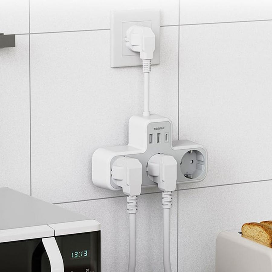 TESSAN 6 IN 1 POWER STRIP 3xSCHUKO, 2xUSB, 1xTYPE-C 15CM CABLE