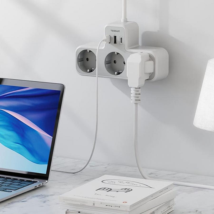 TESSAN 6 IN 1 POWER STRIP 3xSCHUKO, 2xUSB, 1xTYPE-C 15CM CABLE