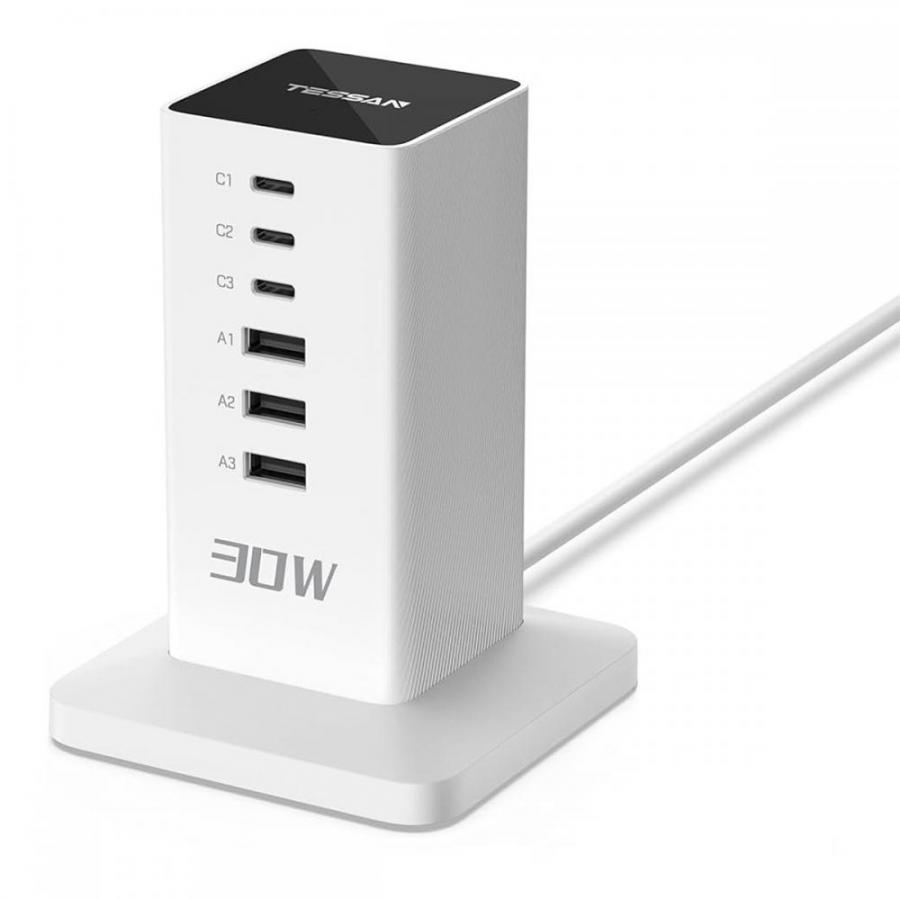 TESSAN 6 IN 1 TOWER POWER STRIP 3XUSB, 3XTYPE-C 30W 2M WHITE