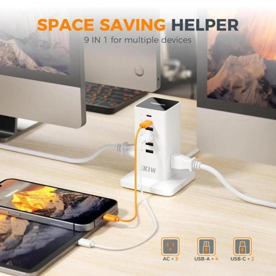 TESSAN 6 IN 1 TOWER POWER STRIP 3XUSB, 3XTYPE-C 30W 2M WHITE