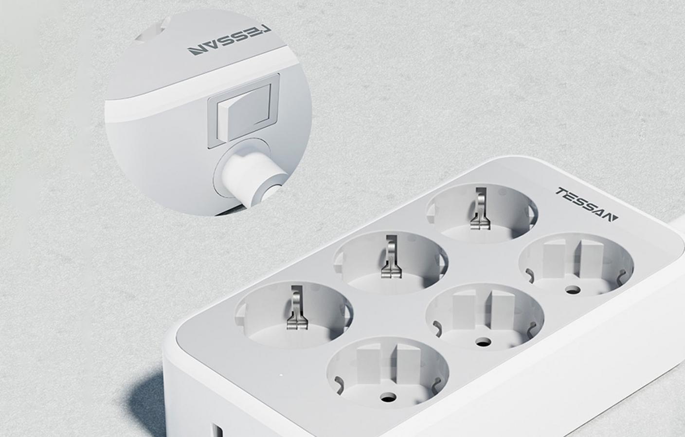 TESSAN 9 IN 1 POWER STRIP 25W 6xSCHUKO, 2xUSB, 1xTYPE-C 2M CABLE