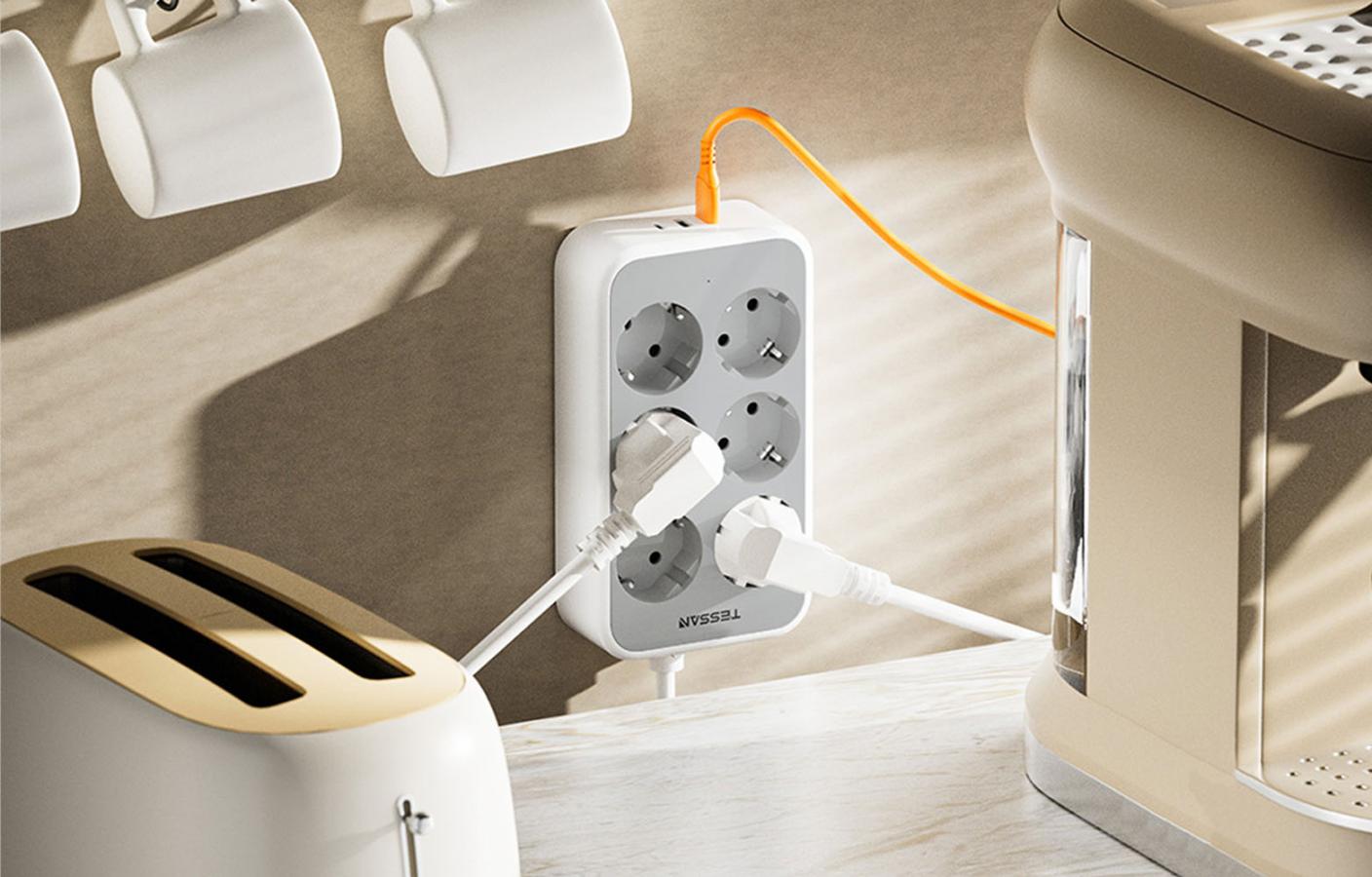 TESSAN 9 IN 1 POWER STRIP 25W 6xSCHUKO, 2xUSB, 1xTYPE-C 2M CABLE