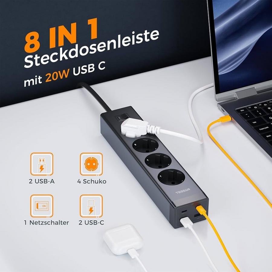 TESSAN 8 IN 1 POWER STRIP 4XSHUCKO, 2XUSB, 2XTYPE-C 20W 2M BLACK