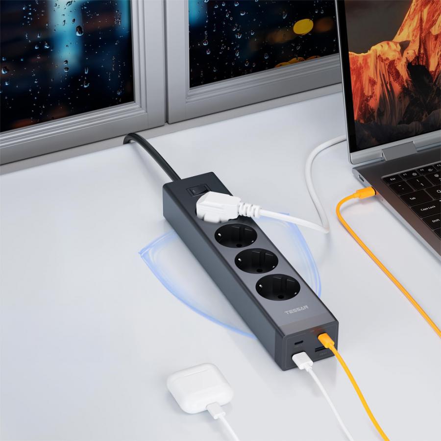 TESSAN 8 IN 1 POWER STRIP 4XSHUCKO, 2XUSB, 2XTYPE-C 20W 2M BLACK