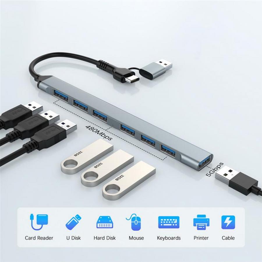 GEMBIRD 7-PORT USB HUB (1X USB 3.2 + 6X USB 2.0) USB-A + USB-C SILVER