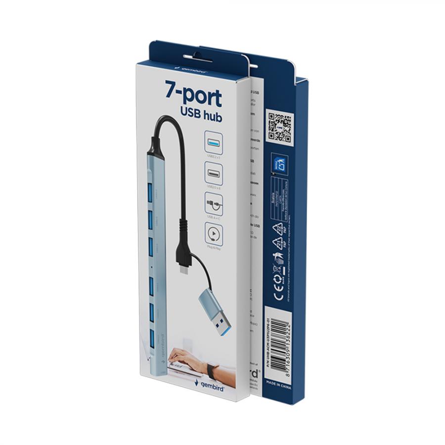GEMBIRD 7-PORT USB HUB (1X USB 3.2 + 6X USB 2.0) USB-A + USB-C SILVER