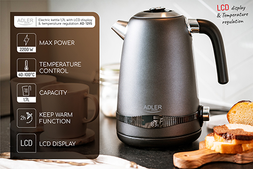 ADLER 1,7L STEEL ELECTRIC KETTLE WITH LCD AND TEMPERATURE CONTROL BLACK