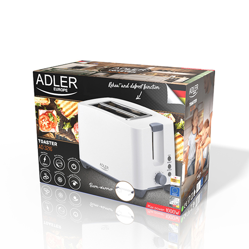 ADLER TOASTER 2 SLICE 1000W WHITE