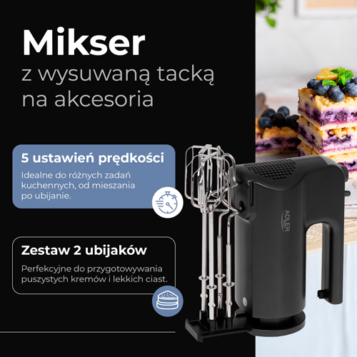ADLER HAND MIXER WITH A PULL-OUT TRAY FOR ACCESSORIES 550W BLACK