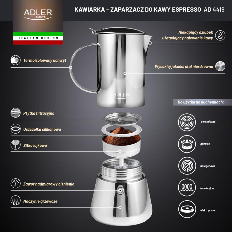 ADLER ESPRESSO COFFEE MAKER 350ML SILVER STEEL