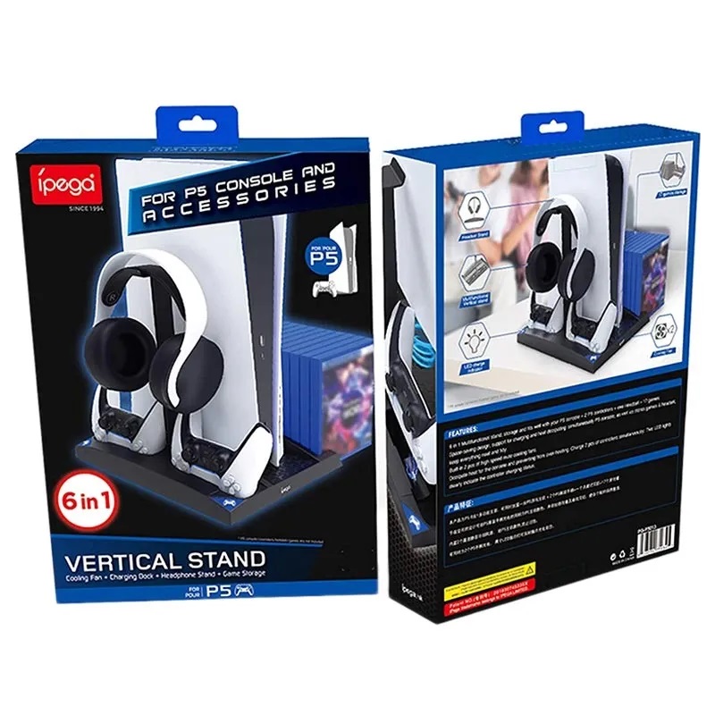 ipega Vertical Stand  for PS5 (Cooling Fan/Charging Dock/Headphone Stand/Game Storage) NEW (PG-P5013B)