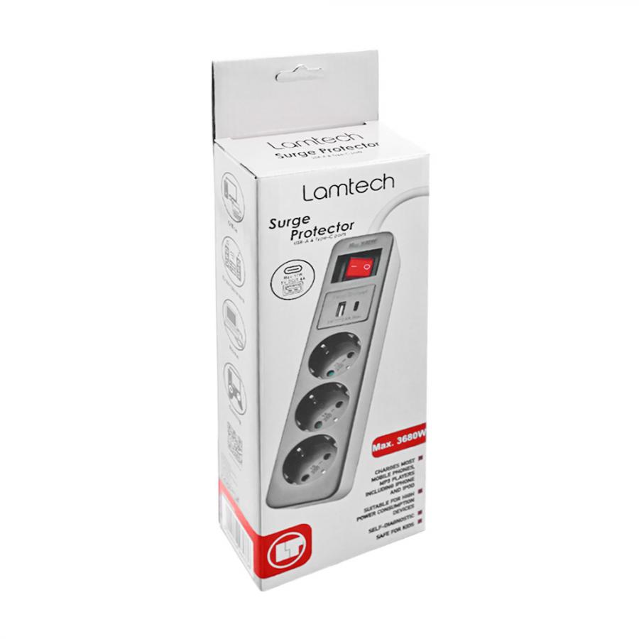 LAMTECH 3WAY SURGE PROTECTOR WITH 1xTYPE-C 1xUSB 3xSCHUKO BLACK/WHITE 1.5M
