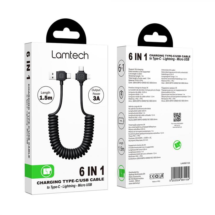 LAMTECH 6-IN-1 CHARGING CABLE TYPE-C/USB TO TYPE-C/LIGHTNING-MICRO-USB 3A 1.5M BLACK