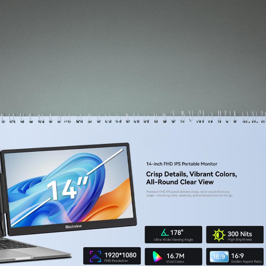 BLACKVIEW 14' SINGLE LAPTOP SCREEN EXTENDER LCD 60Hz 1080P BLACK