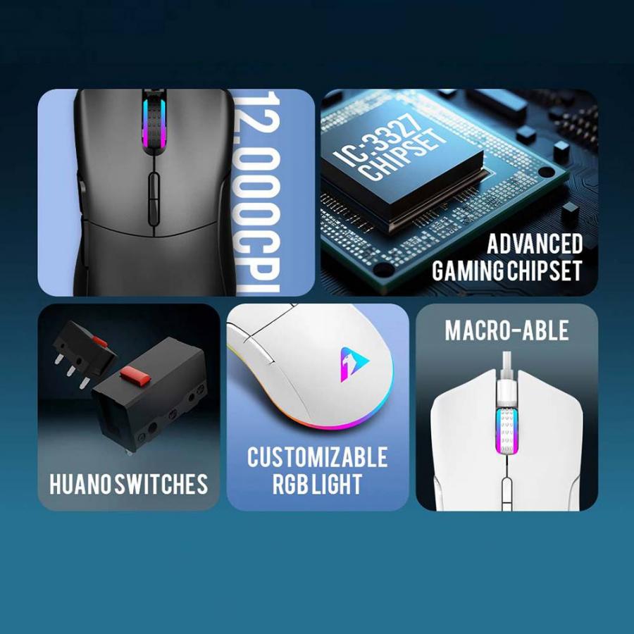 ARMAGGEDDON USB WIRED MACROABLE GAMING MOUSE FALCON V STEALTH 12000CPI WHITE